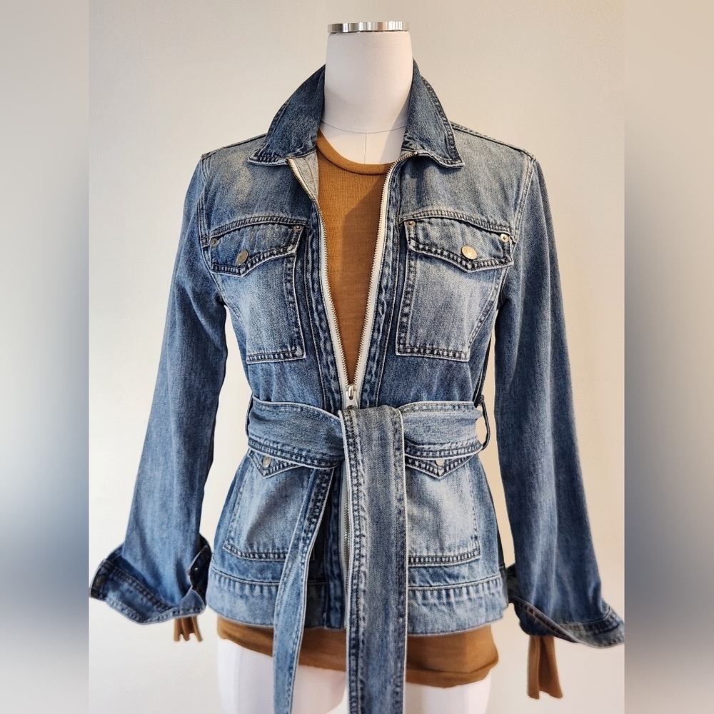 || LUCKY BRAND || denim jacket, zip up, belted, size extra small, coat, blue